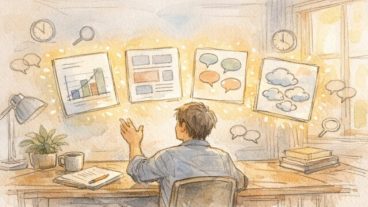 AI ライティング 比較の前提条件を整理し、用途別に文章スタイルを検討する作業机のイラスト
