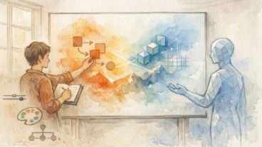 人とAIが一枚のキャンバスで共創する様子を描いた手描き風イラスト, AI アート の 芸術的価値を象徴