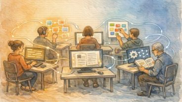 クラウドソーシング AI 案件 の 現状を象徴する、人とAIが協働する作業風景イラスト