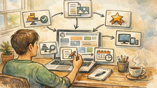 WordPress AI 記事作成 自動化の全体像を示すデスクとノートPC、工程を整理する人物イラスト