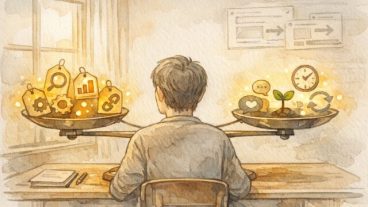 SEO ツール コスパを落ち着いて比較検討する人物と天秤、価格と時間やサポートのバランス