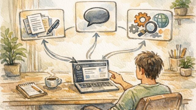 WP ChatGPT 連携 プラグイン おすすめを比較検討する作業机と3つの活用パターンイラスト