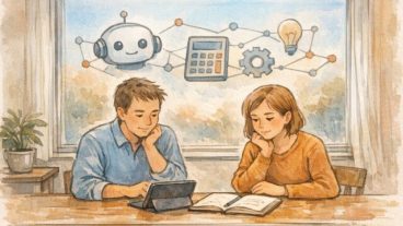 子供 に AI を どう教えるか を話し合う大人二人、タブレットとノートで整理する様子