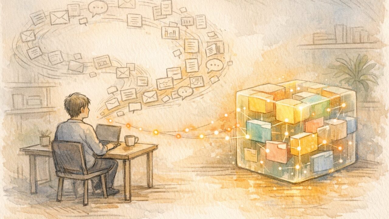情報過多のビジネス環境でAIを活用したセカンドブレイン（第二の脳）構築を描いたイラスト