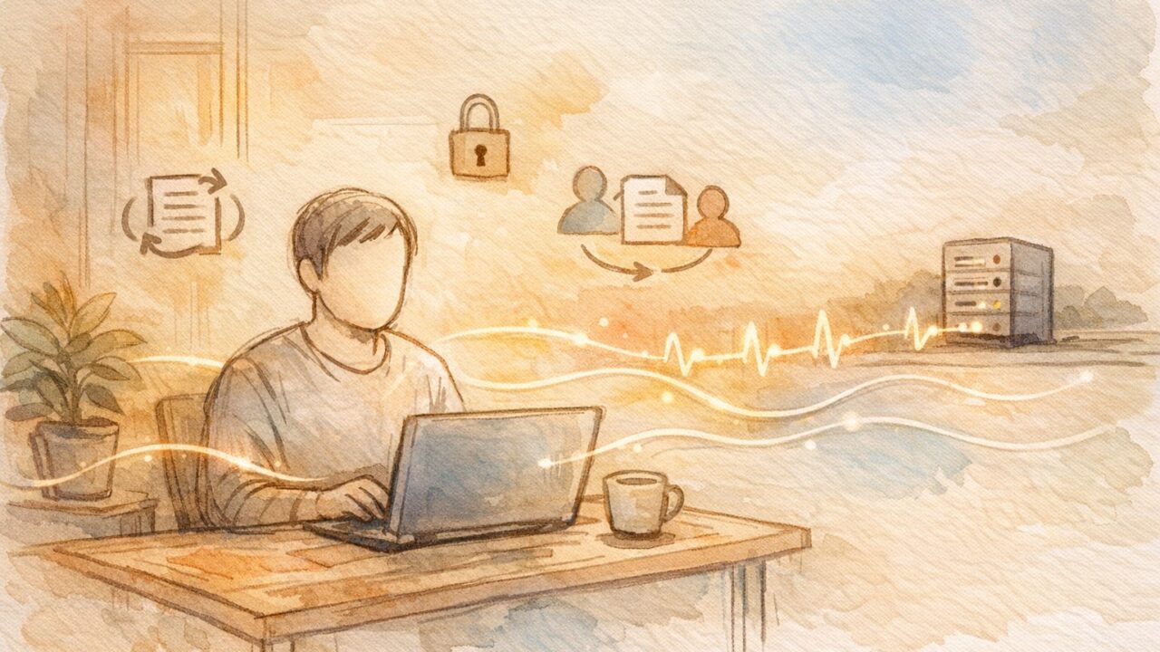 WP ハートビート API 制限を意識しつつ、ブラウザとサーバーの静かな通信と保護機能を象徴的に描いたイラスト