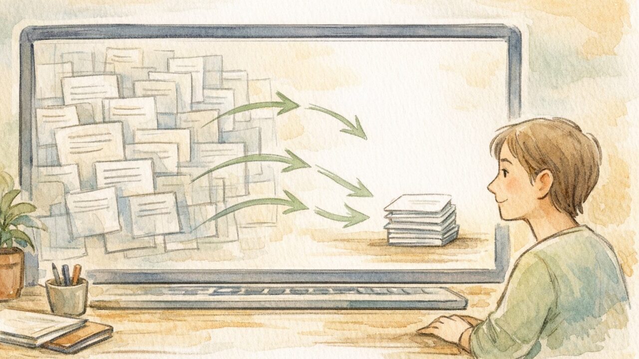 WordPress リビジョン 削除 おすすめ、穏やかなデジタル庭を整理する作業デスクのイラスト