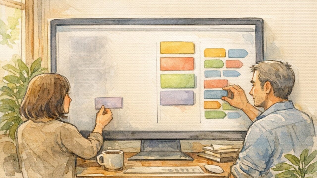 WordPress 投稿者 アーカイブ 無効化をイメージした作業デスク、投稿者導線を薄くし整理されたナビゲーションを調整する人物