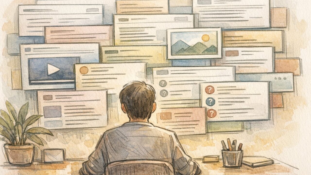 検索結果 占有率を示す画面を眺める人物と多様なコンテンツパネル