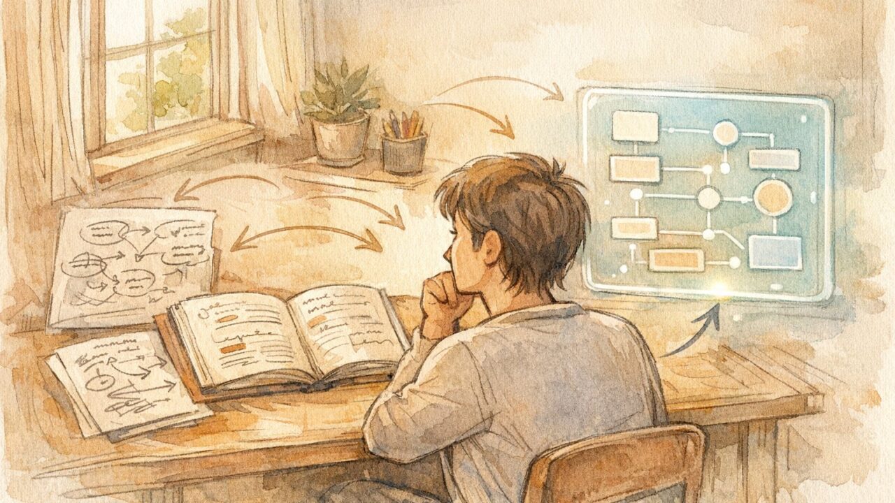 AI 読書術（要約から深掘りまで）でAI要約と人の深い読書が連携する様子