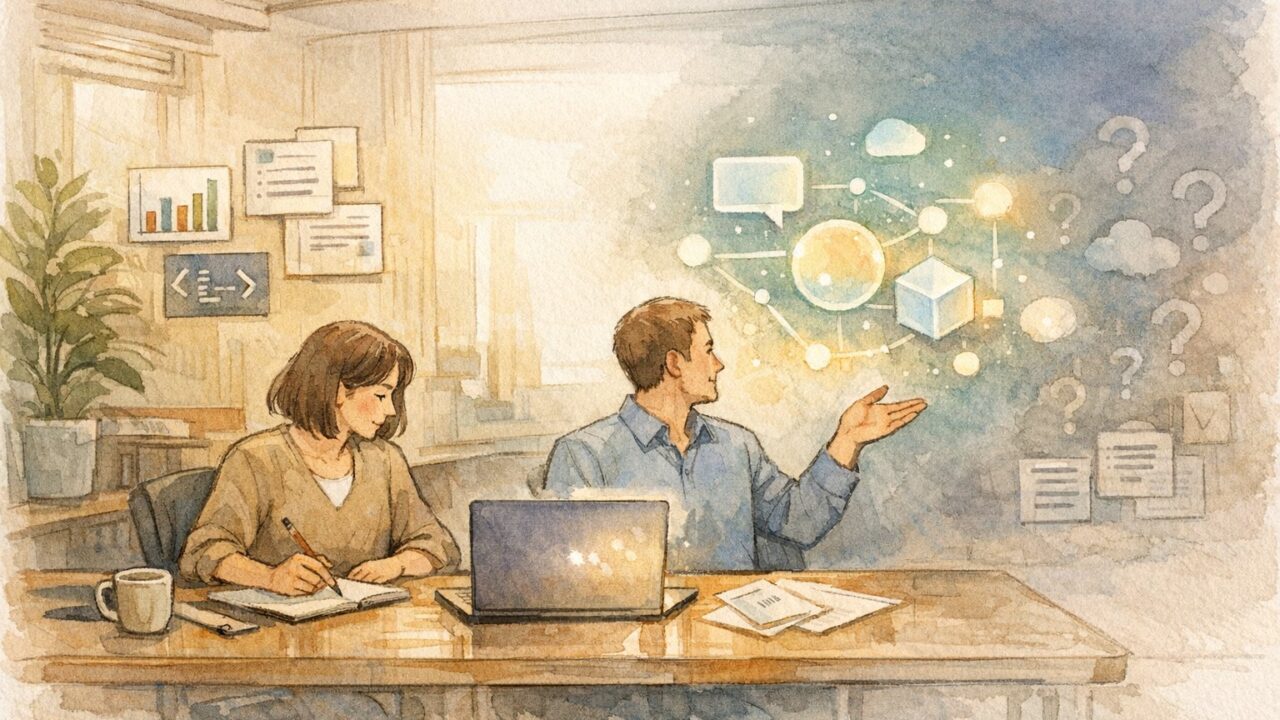 落ち着いたオフィスでAIと人の協働を描きつつAI 依存 の リスク と 対策を示すイラスト
