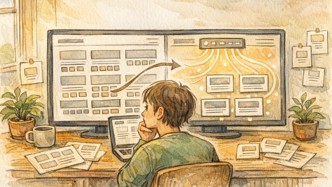 WordPress 記事下 広告 自動挿入と手動設置を比較するイラスト