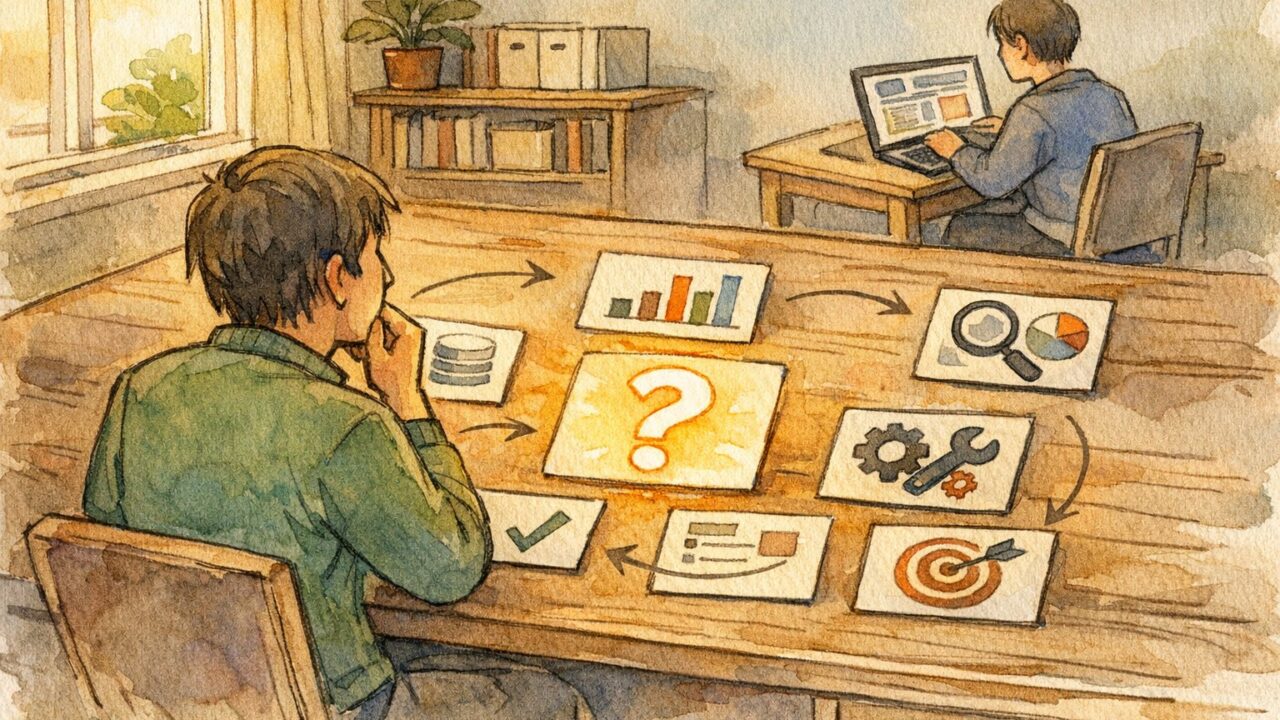 落ち着いたワークスペースでSEOデータを分析し、SEO ツール 比較 2026の選び方を検討する様子