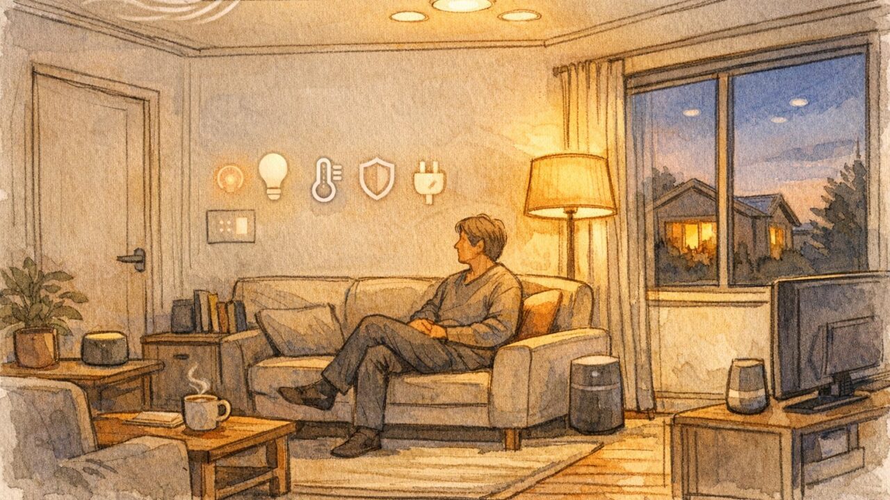 夕暮れのリビングで住人がくつろぎ、スマートホーム AI 連携が照明や空調を自動調整する様子