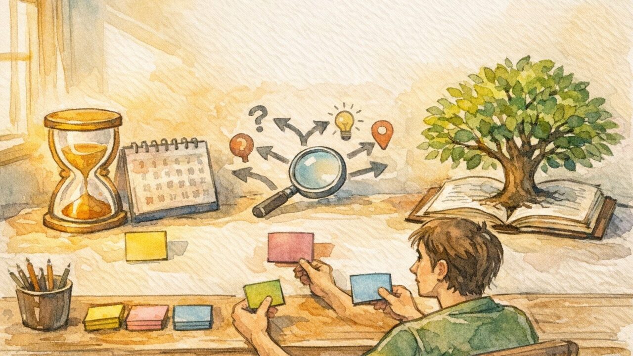 WP 記事の「賞味期限」を管理する方法を象徴的な3種類の記事タイプで整理する作業風景