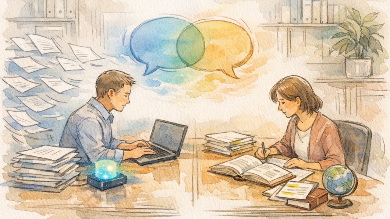 ビジネスシーンでAI 翻訳機 vs 語学学習を対比し、速度と理解の深さのバランスを描くイラスト
