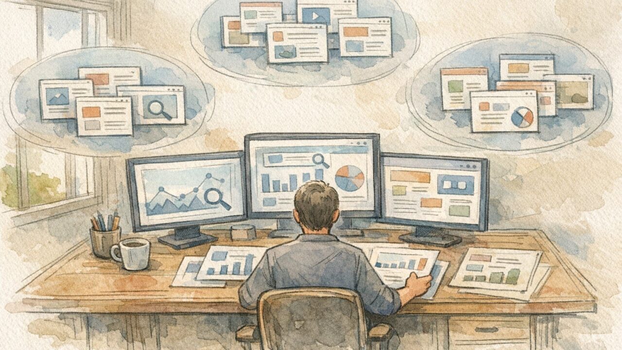 複数の画面と資料を比較しながら、競合分析 ツール 無料の結果を整理するデスク周り