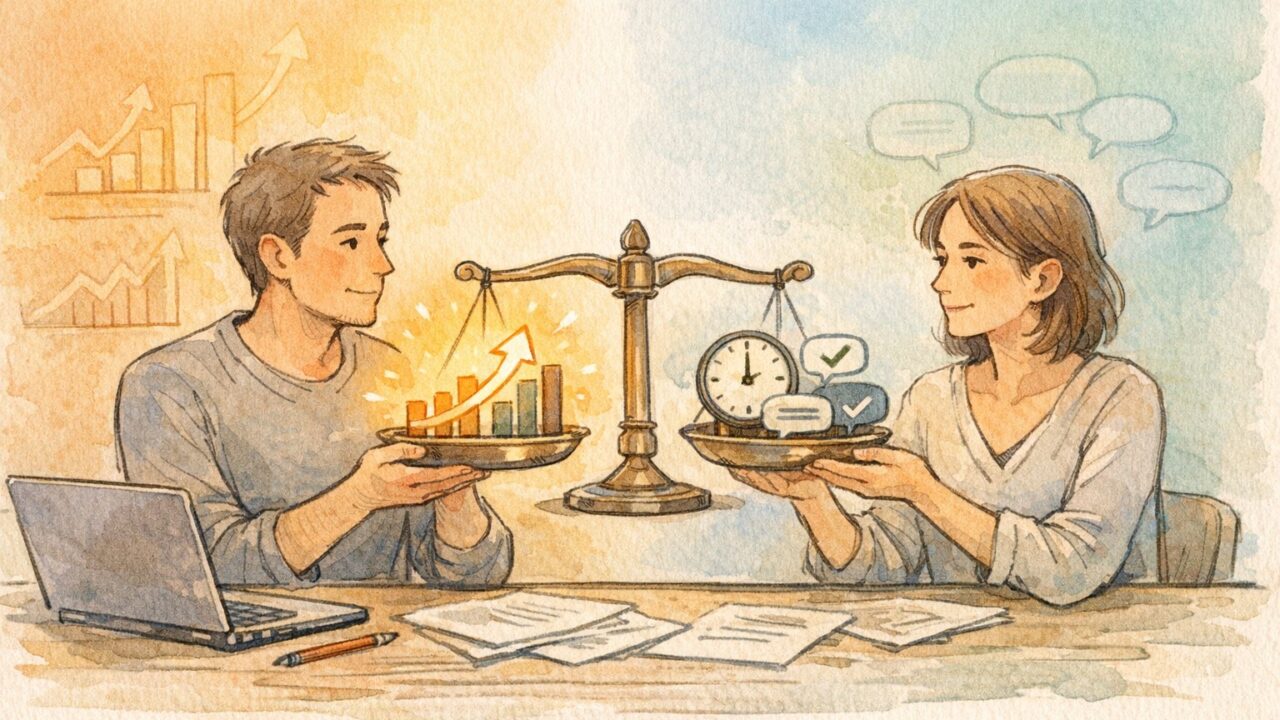 SEOライター 評判を象徴する天秤と仕事机、成果と信頼のバランスを考えるイラスト