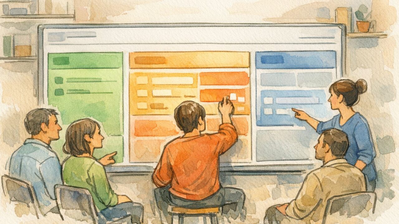 WP チーム運用における 編集者権限の活用、役割分担されたダッシュボードを囲むメンバー
