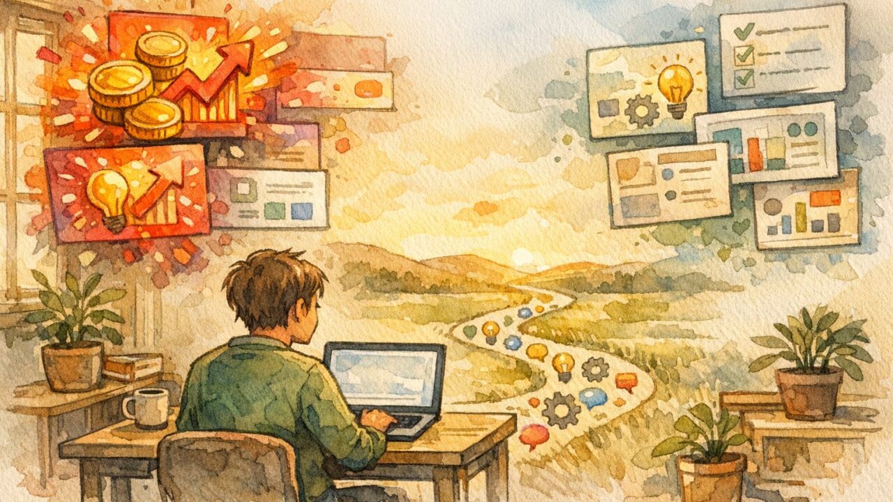 自宅デスクでAI副業を調べる初心者、玉石混交の情報を眺めながらロードマップを思案