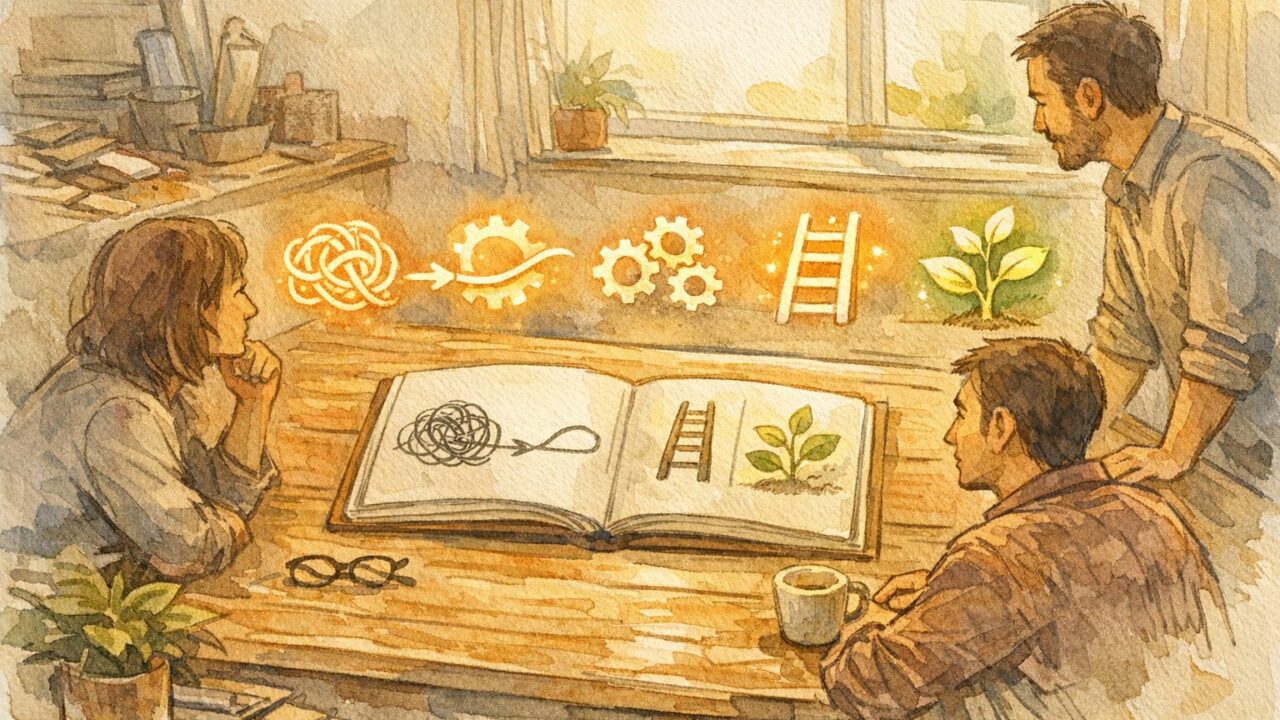 AI ツール の 選び方 失敗しない 基準を、手書きイラストで整理する落ち着いたワークスペース