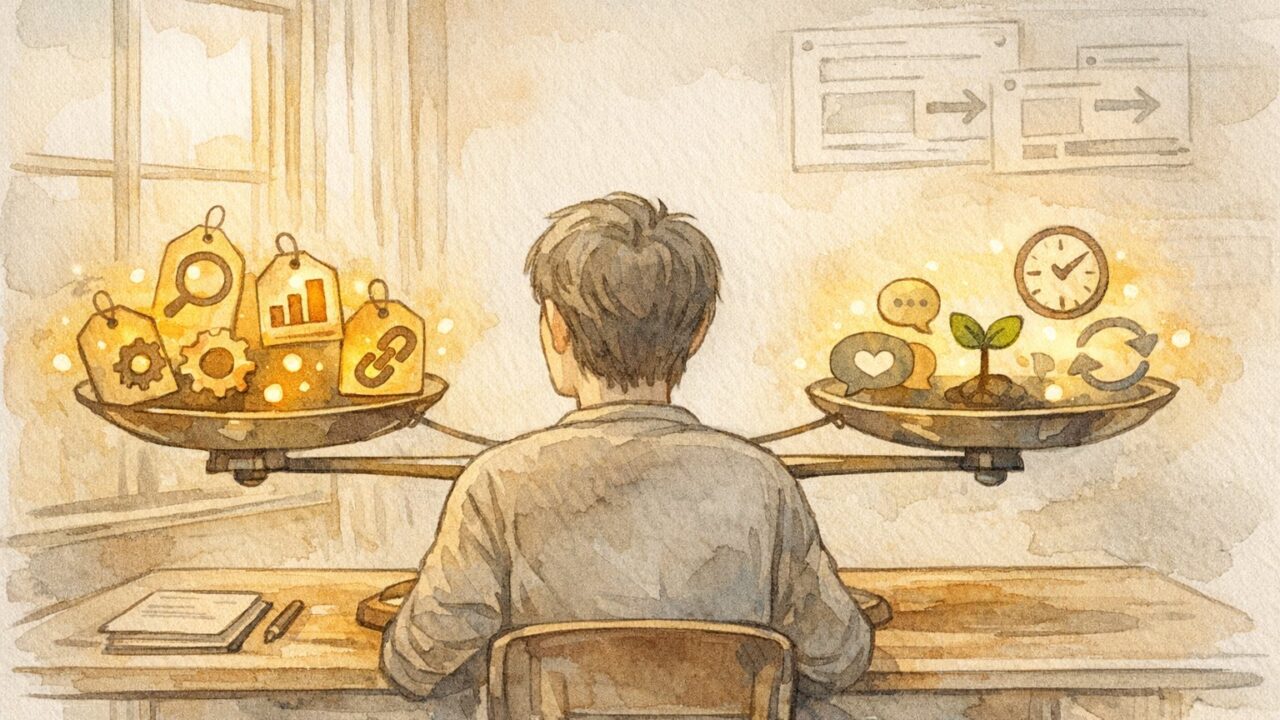 SEO ツール コスパを落ち着いて比較検討する人物と天秤、価格と時間やサポートのバランス