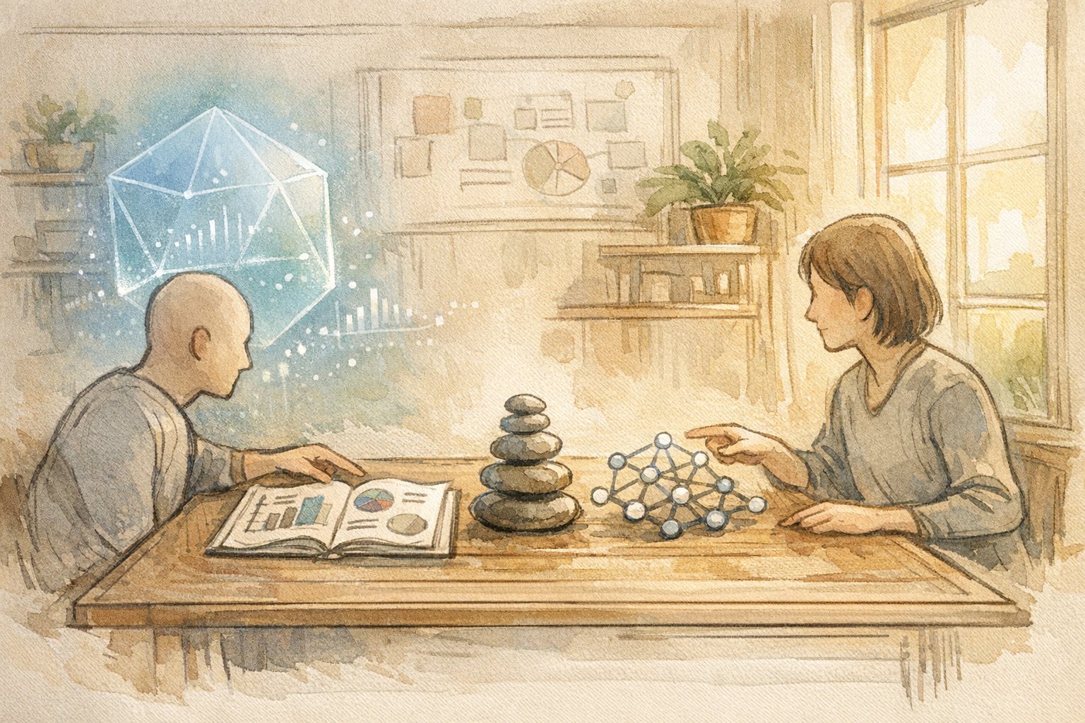 AI と 人間 の 役割分担 結論を象徴し、人間の強みを整理する共同作業のイラスト