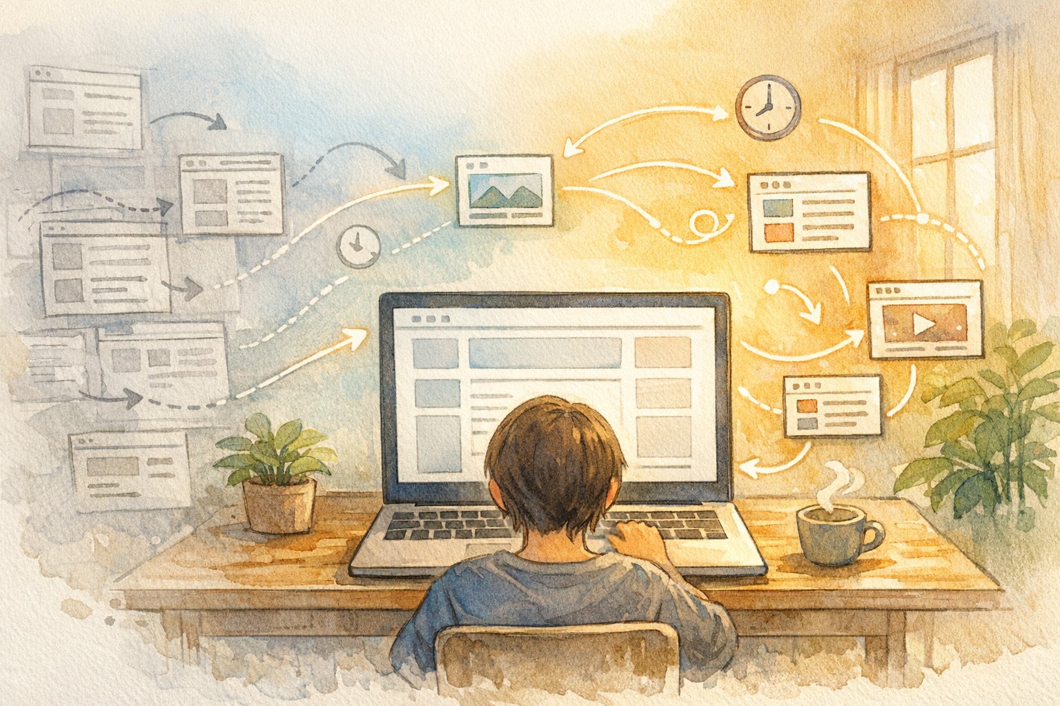 WordPress テーマ SEOでレイアウトがユーザー行動と滞在時間に与える影響を表す柔らかなイラスト