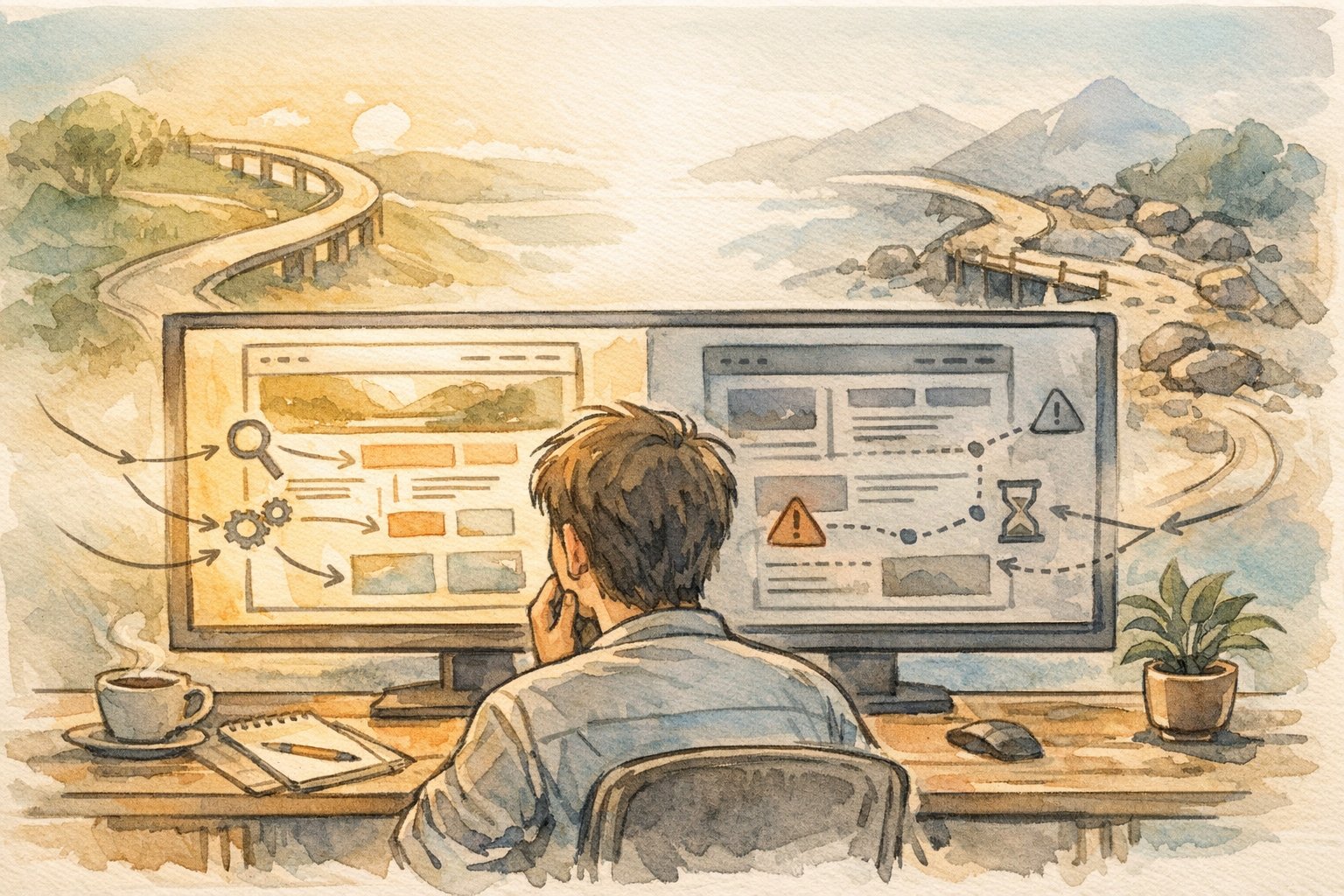 有料と無料の選択に悩む人の作業机、WordPress テーマ SEOの長期リスク比較を象徴するイラスト