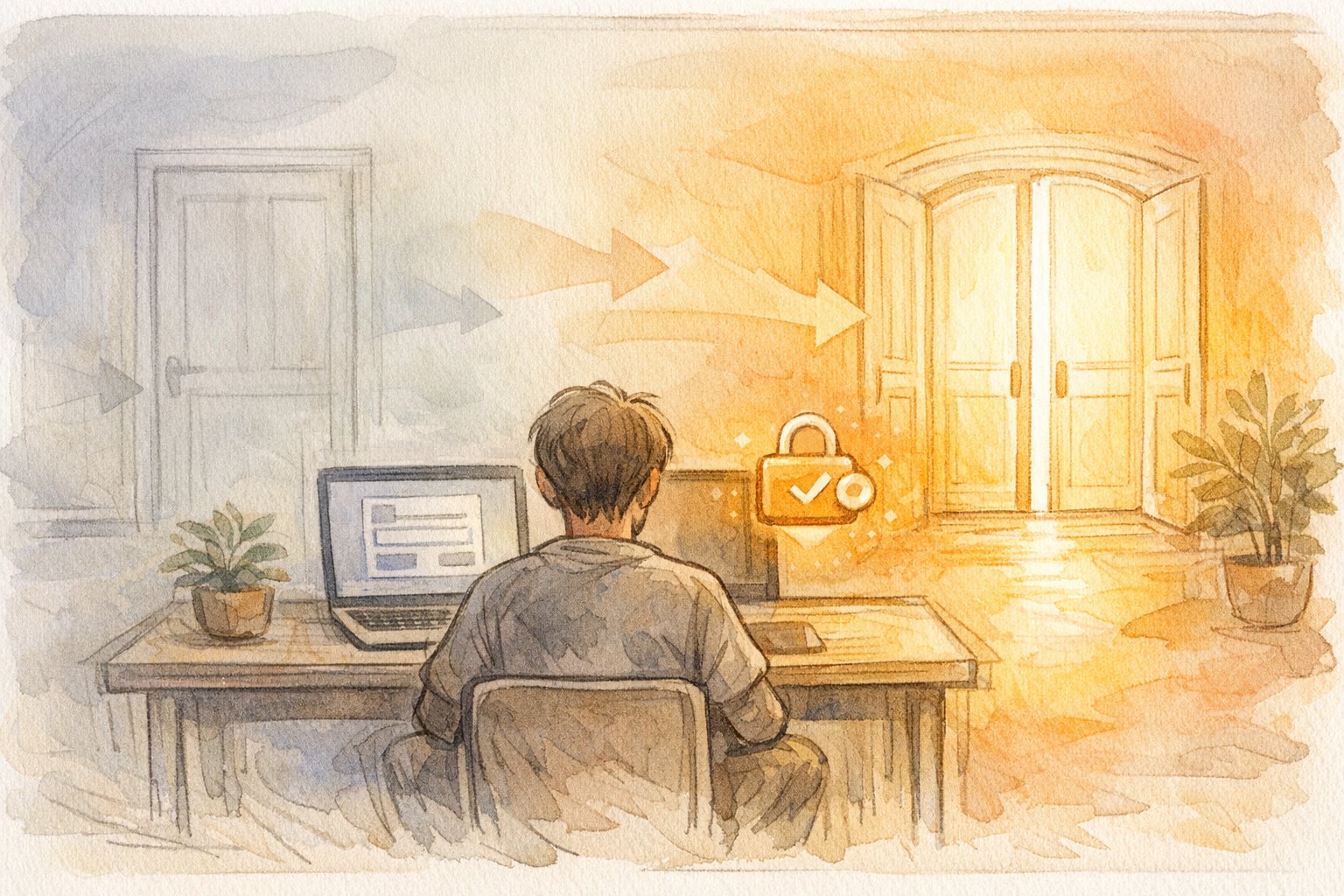 WordPress 二段階認証 導入でログイン意識が無自覚から確認重視へ変化する様子のイラスト