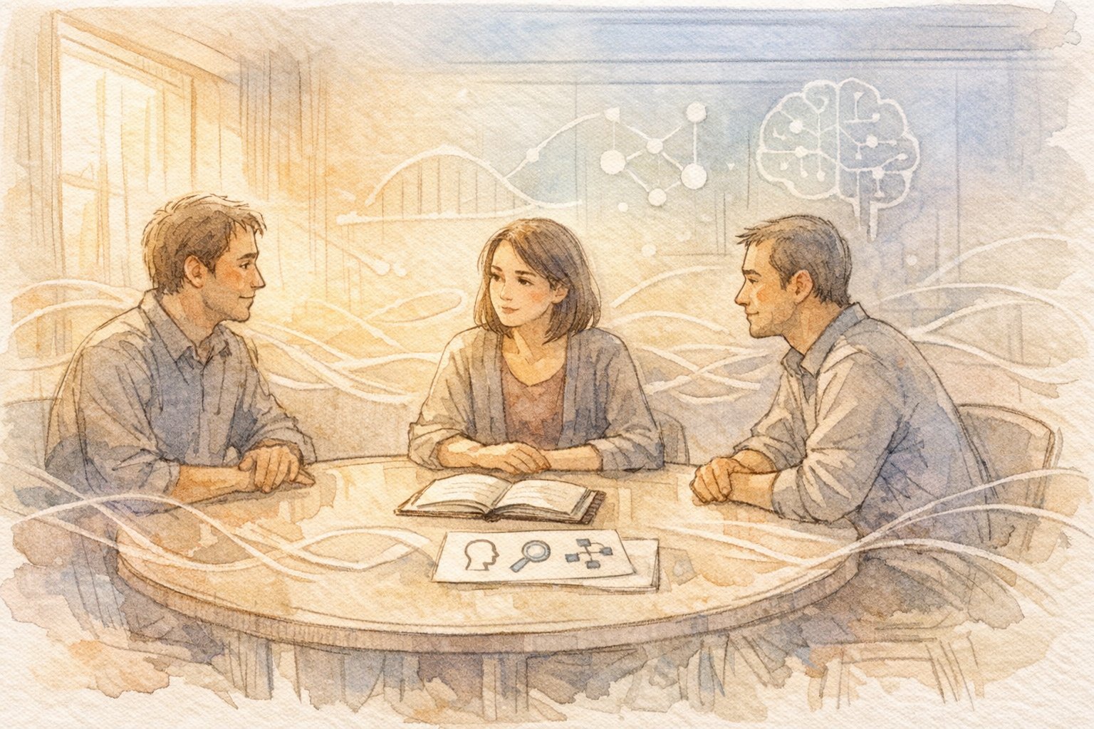 会議室で対話する大人たちとAIインターフェース、AI に 奪われない スキル とは人間の判断力を象徴