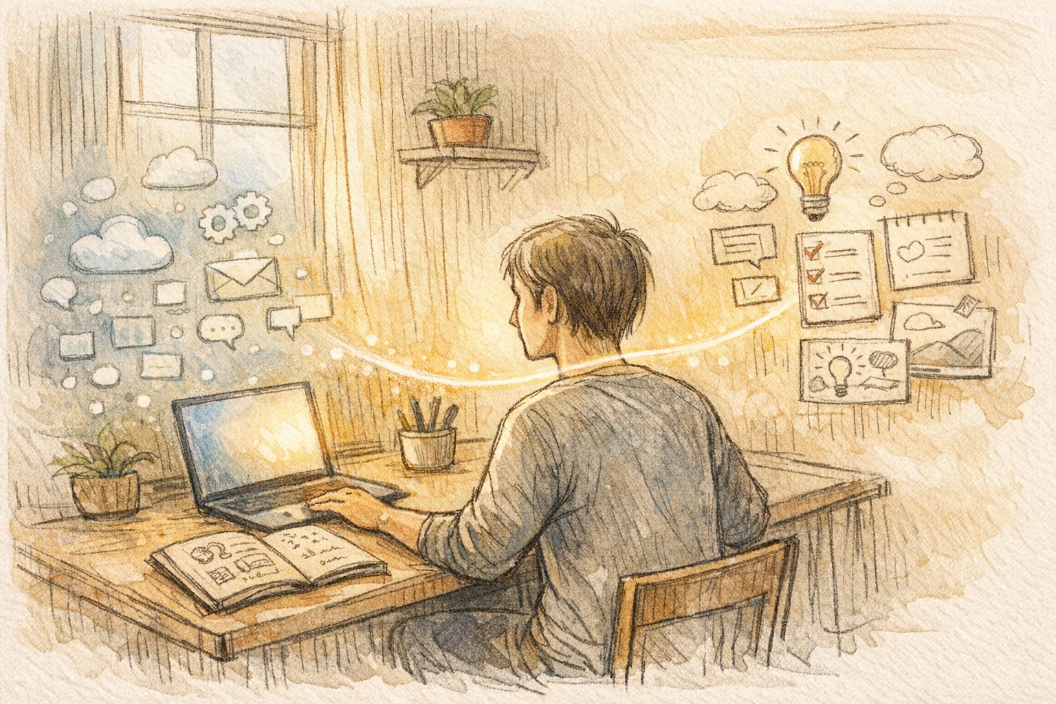 AI に 奪われない スキル とはを考える人がAIと役割分担しながら静かに作業する様子