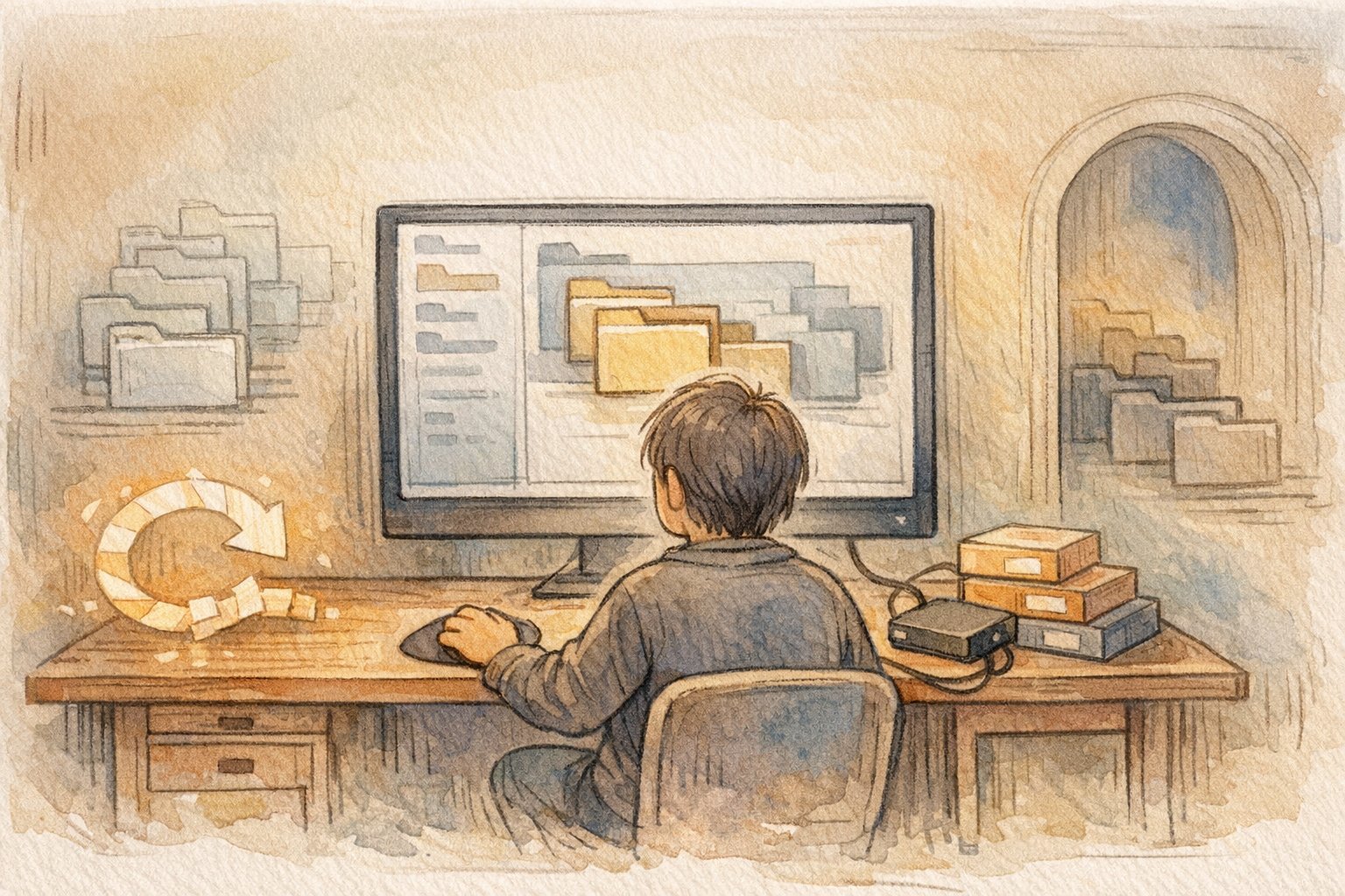 WP ファイルマネージャー 使い方で意識したいバックアップと復元の準備と安心感を描いたイラスト