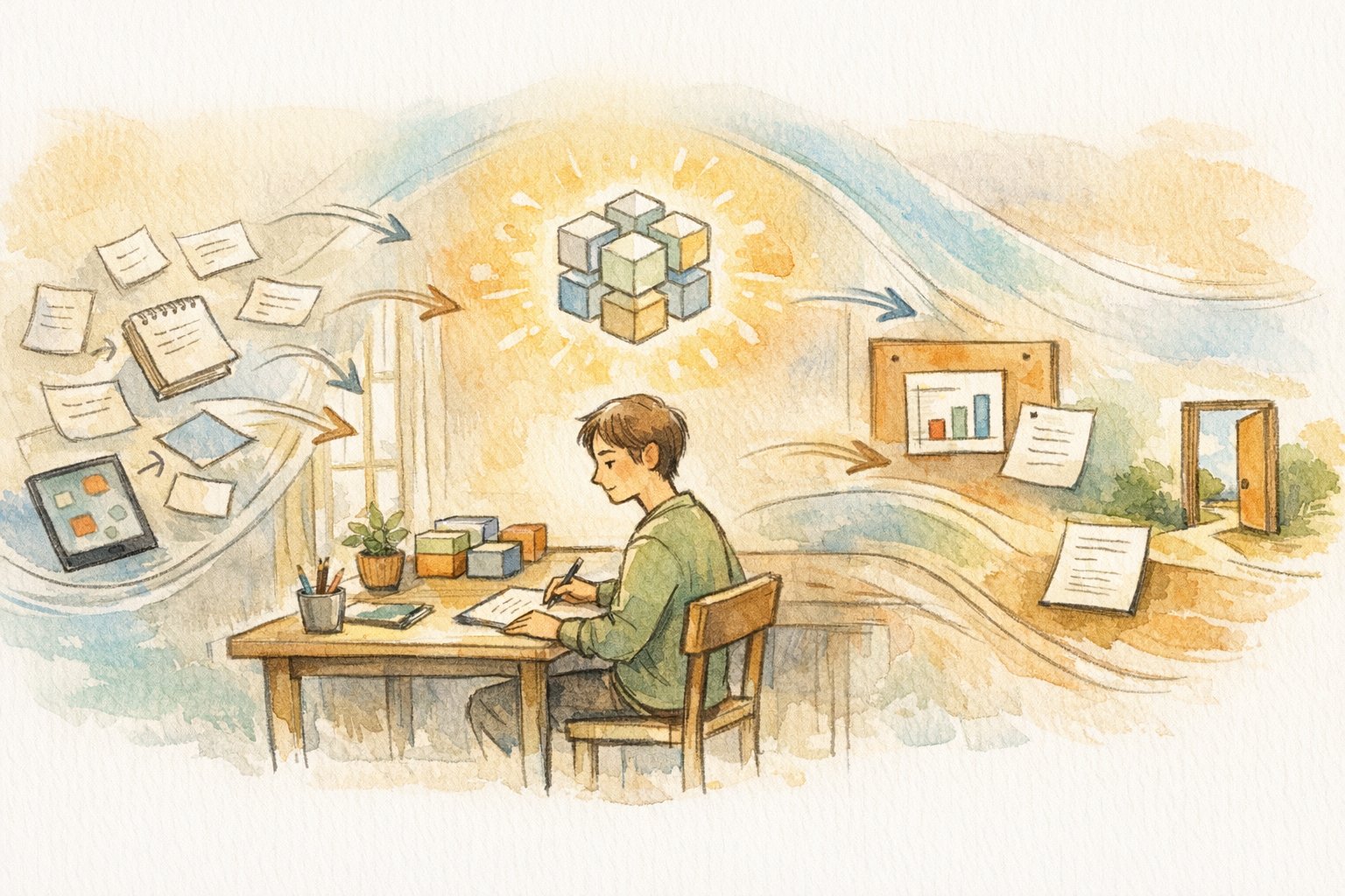 AI を 活用した セカンドブレイン（第二の脳） 構築による情報入力・整理・再利用の流れを示すワークスペースイラスト