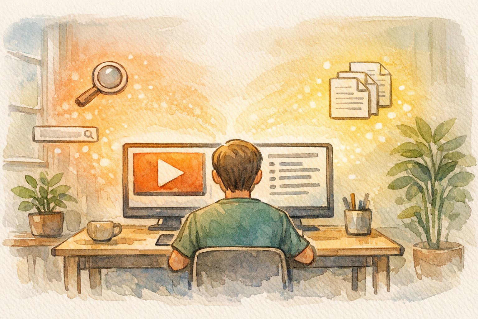 テキストと動画の役割分担を示すイラスト、動画 埋め込み SEOのバランス設計