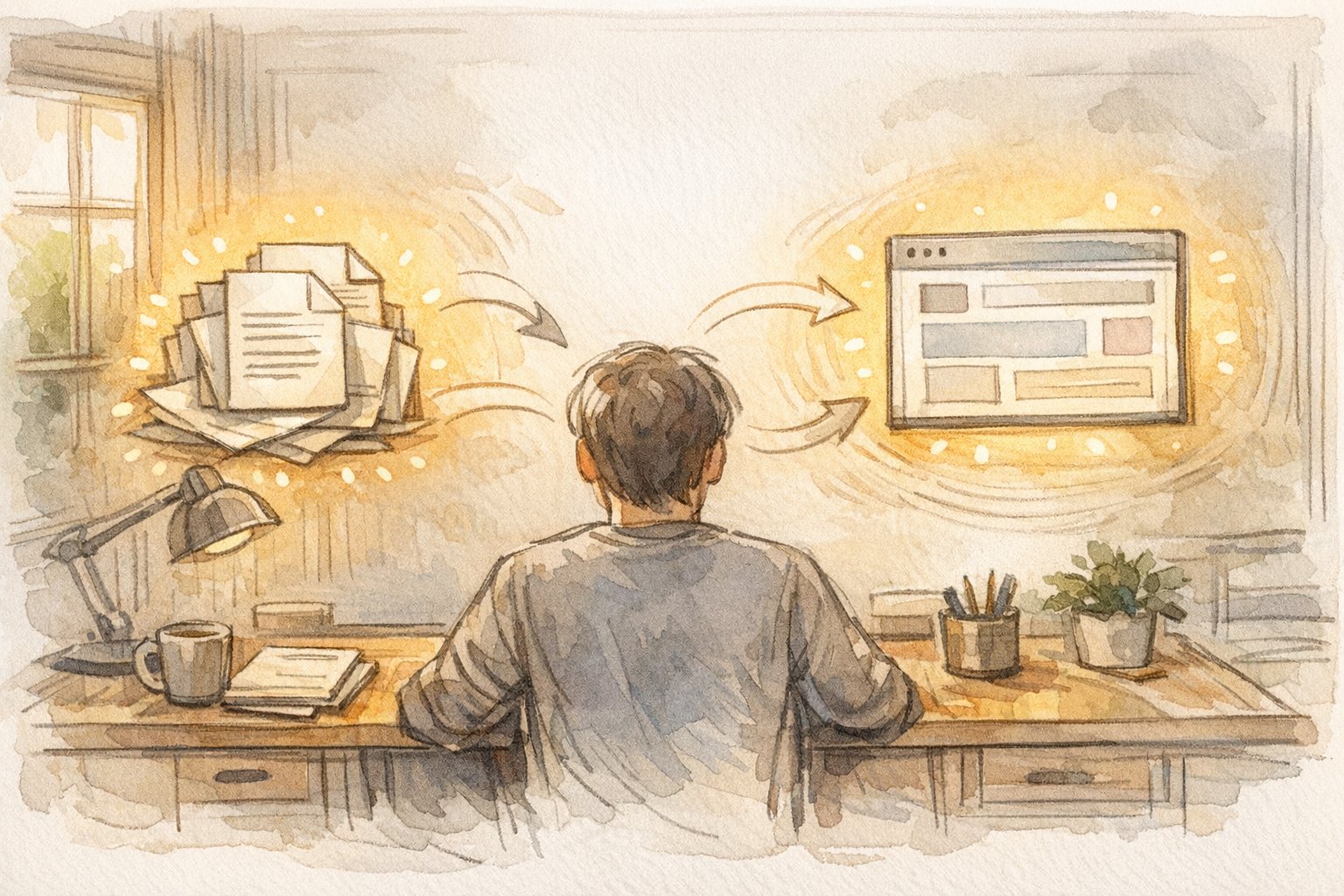 PDFファイル SEOを比較検討するビジネスパーソンの机上、PDFとHTMLページを天秤にかけて熟考する様子