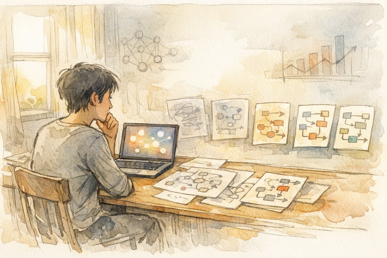 静かな部屋で一人が独学 AI 活用術を試行錯誤し仮説修正を重ねる様子