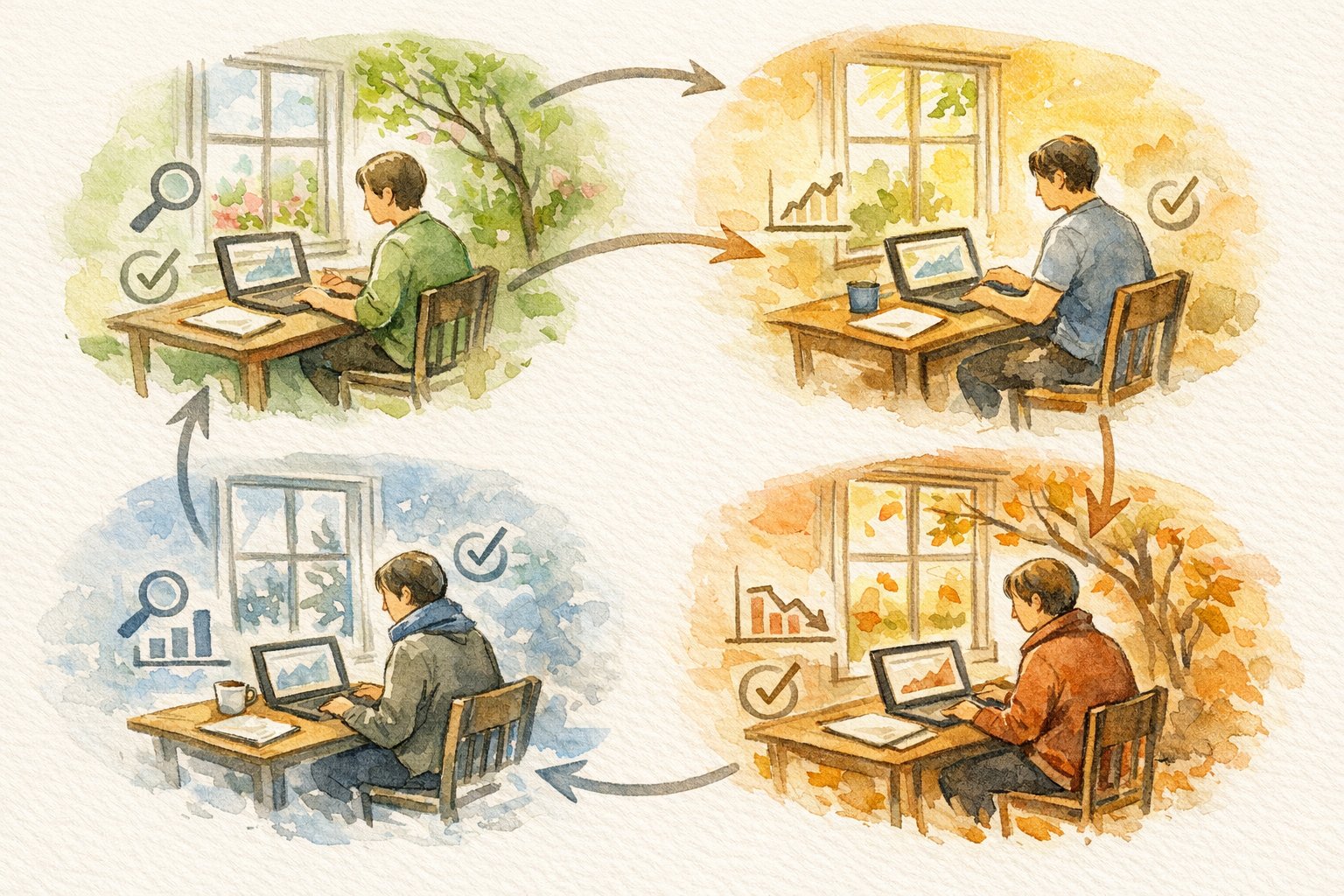 四季の循環とともに運用と検証を繰り返す、季節性 キーワード 対策のイメージ