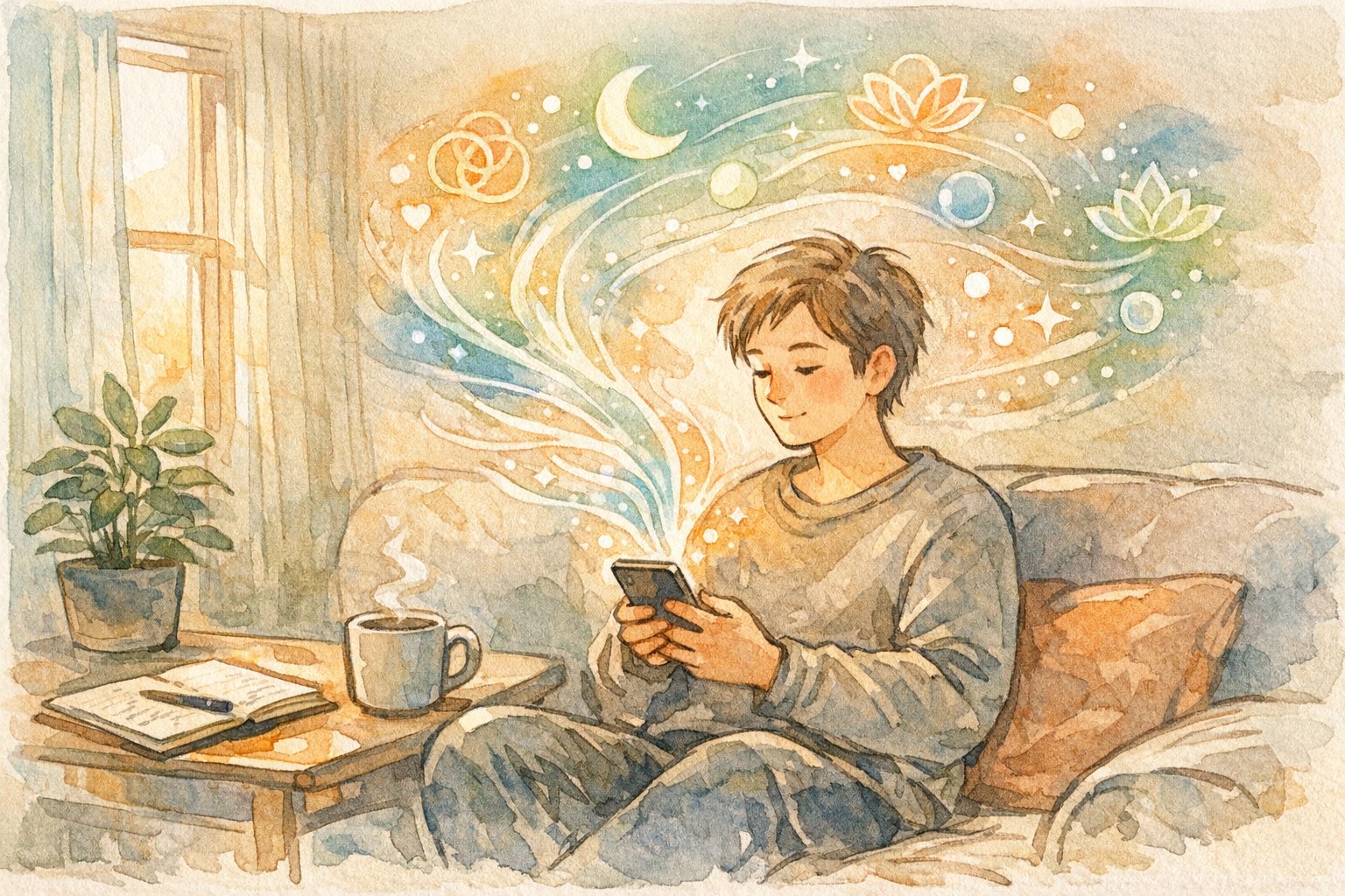 スマホで日々の気持ちを記録する人と光の模様で表現されたAI メンタルヘルス ケア の 可能性