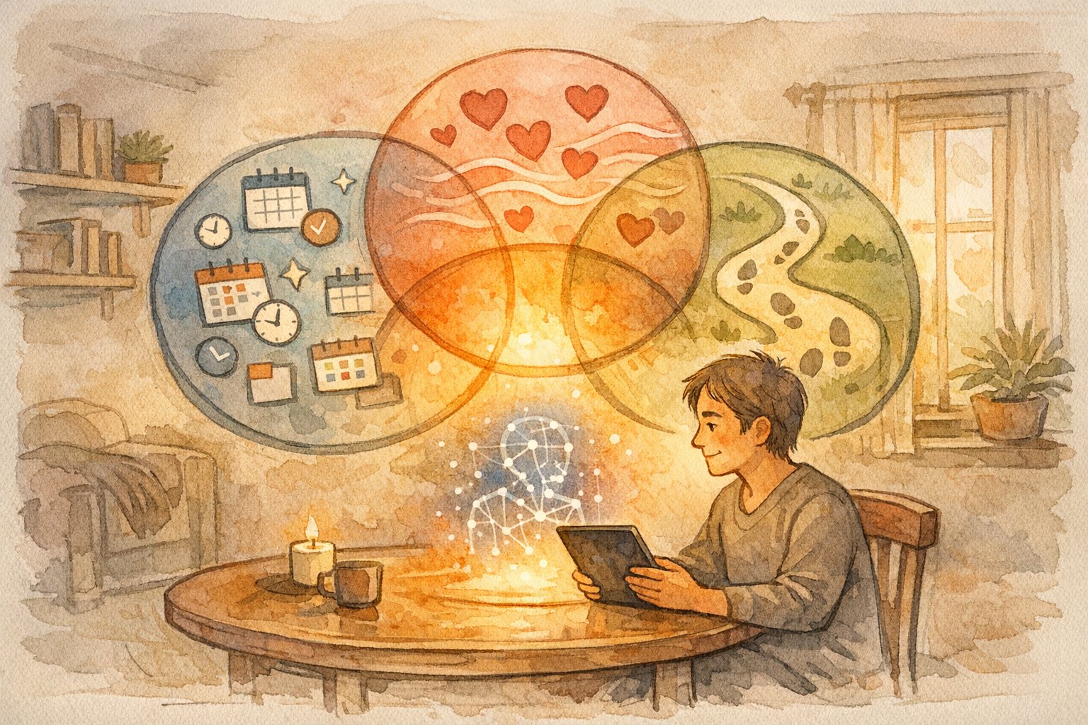 AI 占い・悩み相談の精度を、予測結果と心の共鳴と行動変化の三要素で象徴的に描くイラスト