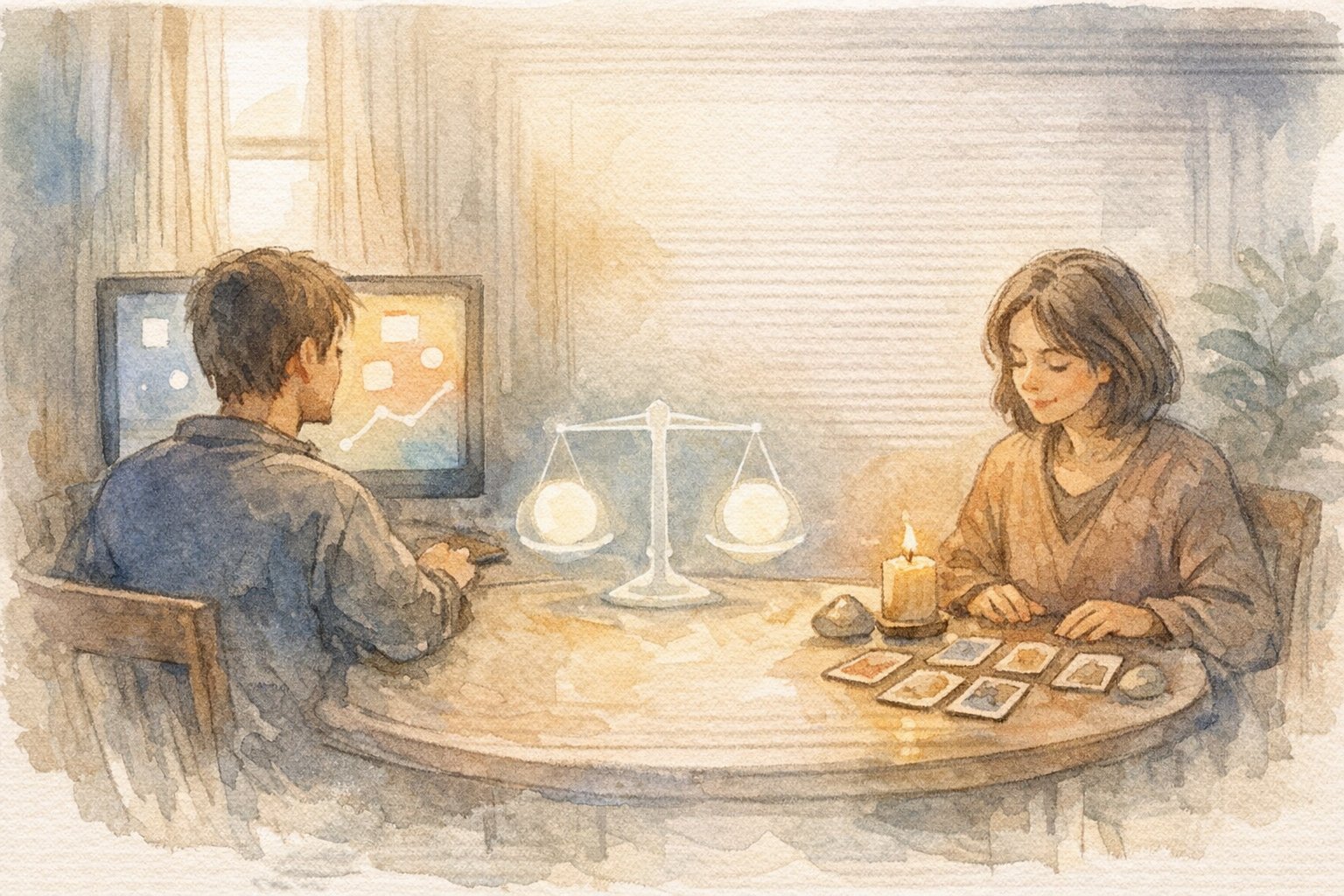AI 占い・悩み相談の精度を人間の占いと比較し調和を描くイラスト