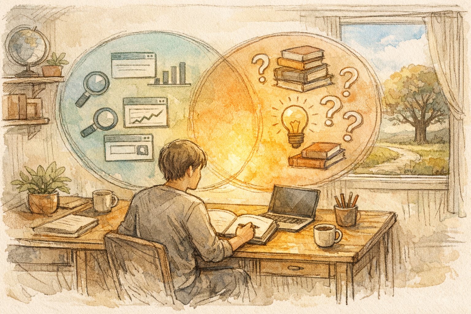 ロングセラー記事 育て方をノートで考える人と検索ニーズ・興味関心の重なりを示すイラスト