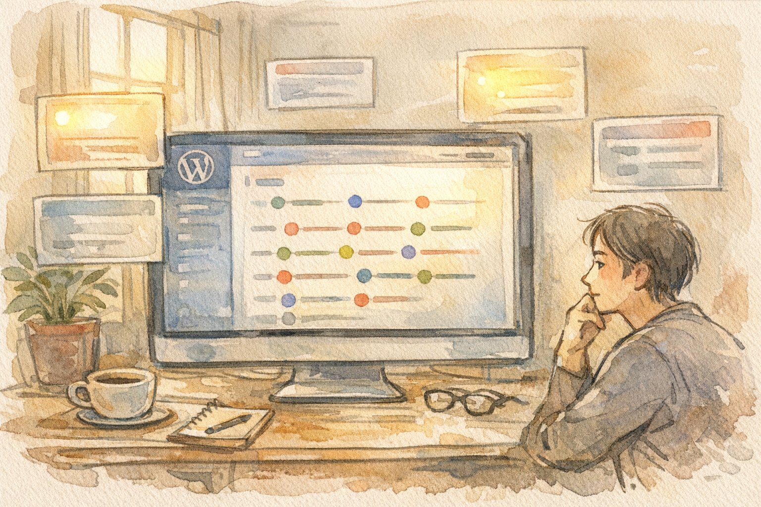 穏やかなデスクでWP ログイン履歴 確認を行う画面とプラグイン候補を見つめる人