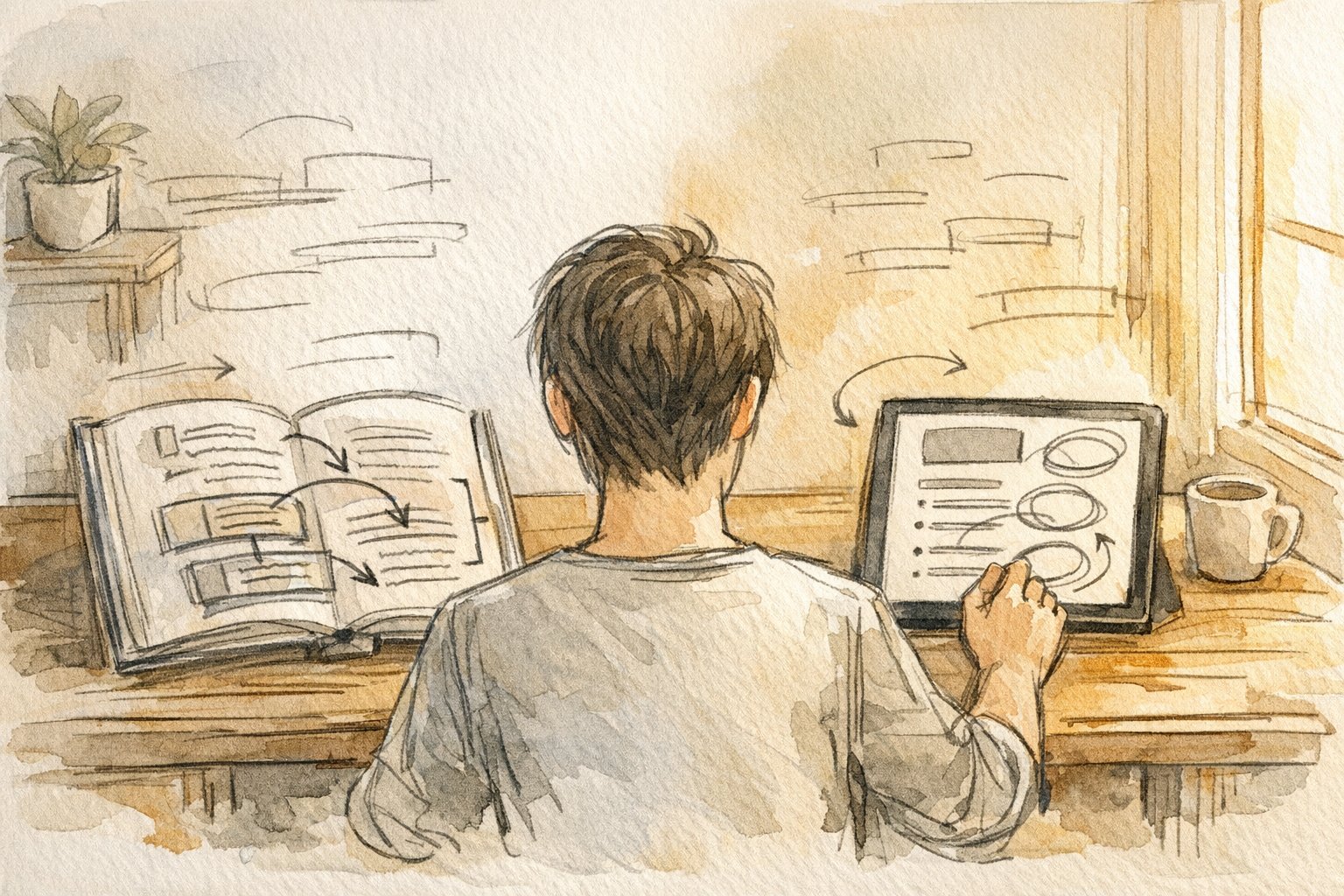 AI 読書術(要約から深掘りまで)でビジネス書と要約を並行して読み深める様子
