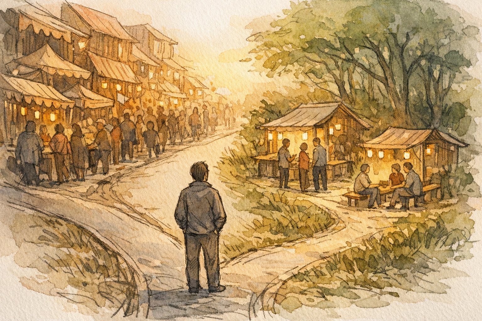 強合が強すぎる 対策として競争を避け脇道を選ぶビジネス戦略の比喩イラスト