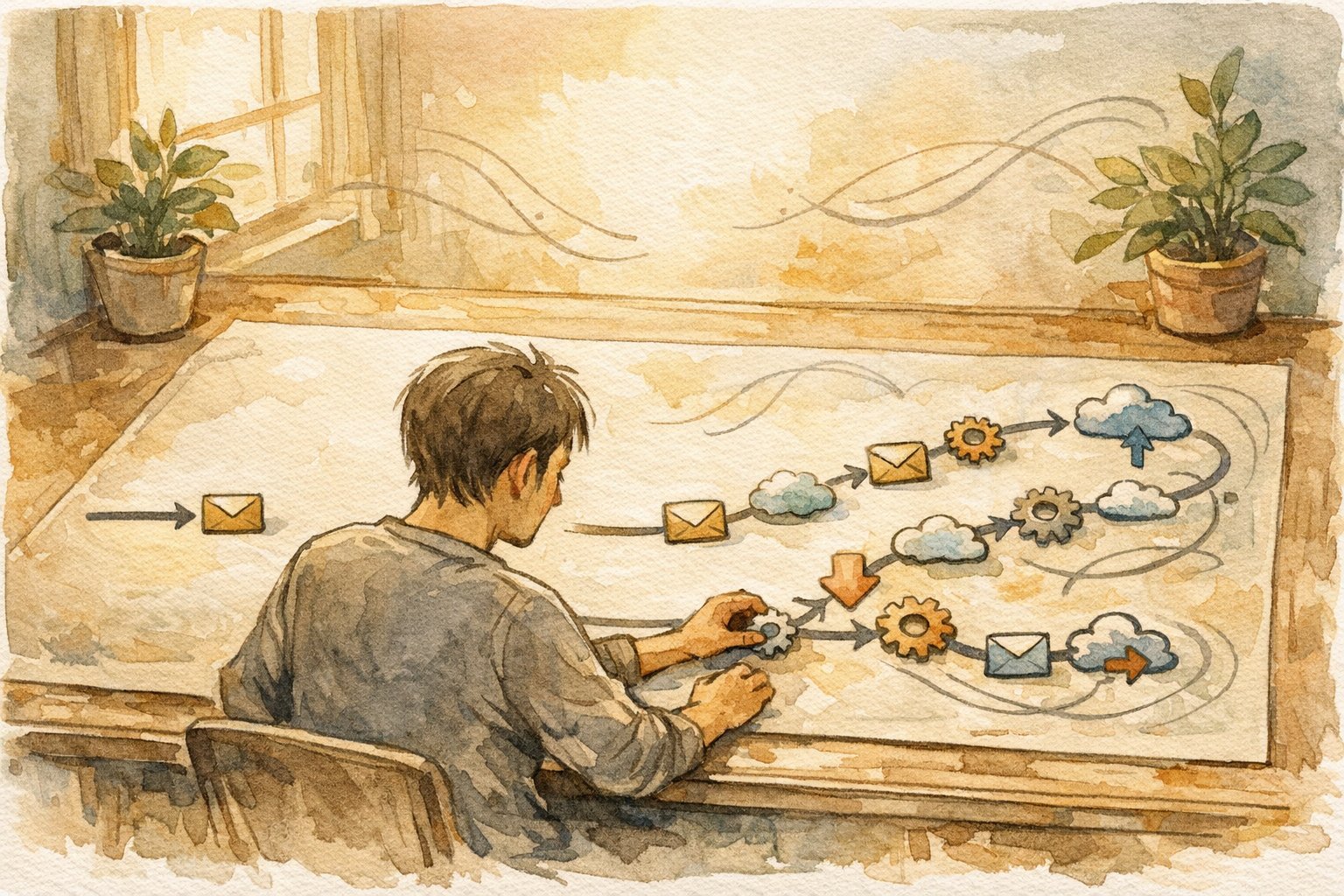 WordPress Webhook 連携で通知から自動処理へ広がる流れを俯瞰する手描きイラスト