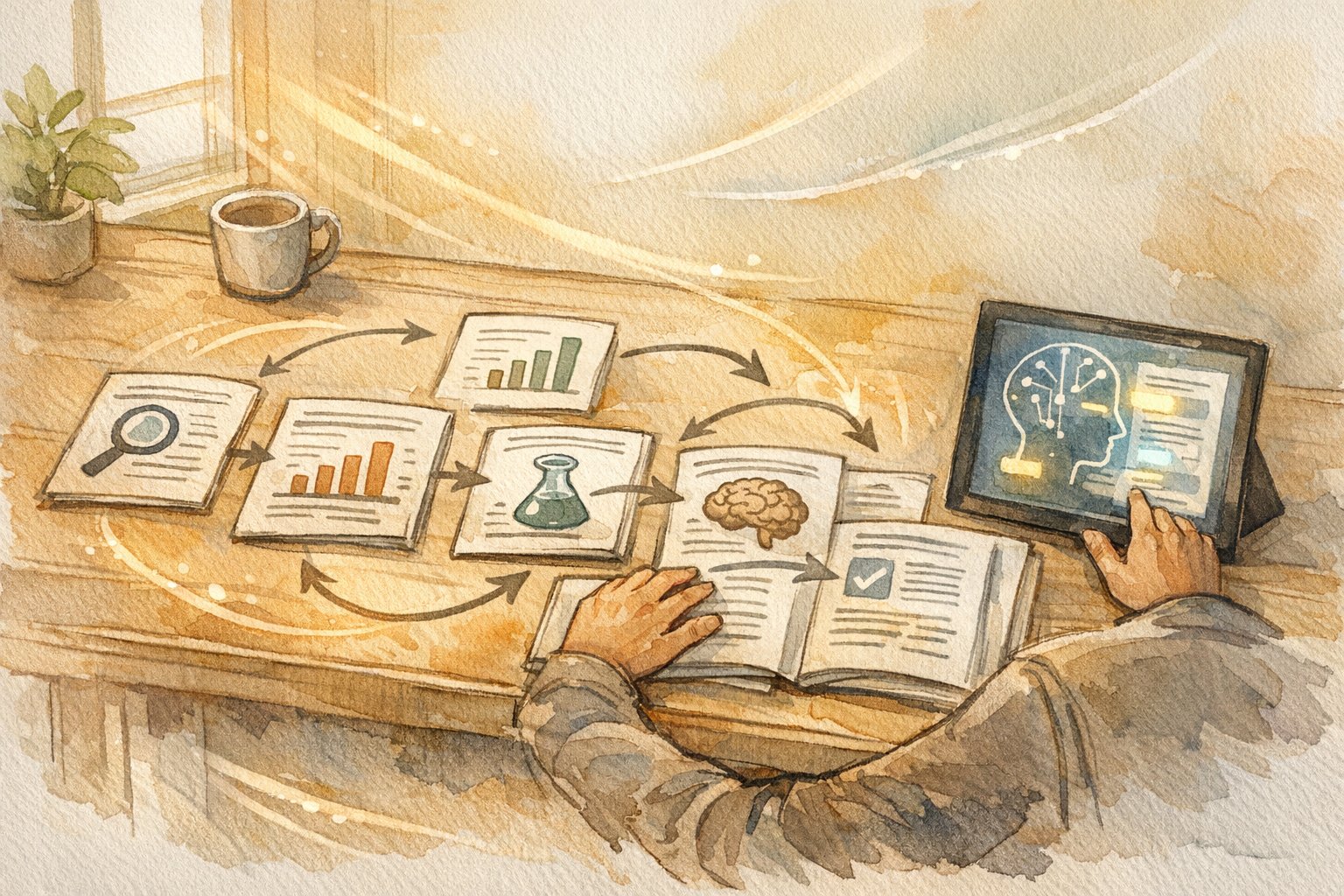 AI活用で論文の構造と情報の優先順位を整理し、効率的な読み方を実践するデスクシーン