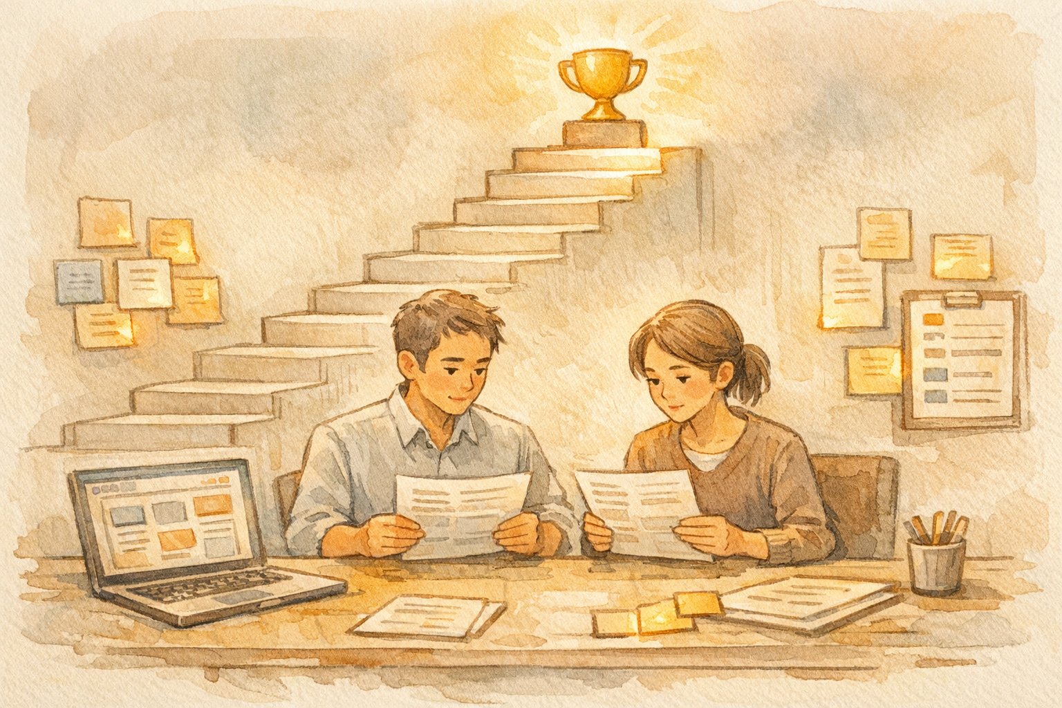 1位取るための最後の一押しを象徴する階段とトロフィー、書類を見比べるビジネスパーソン