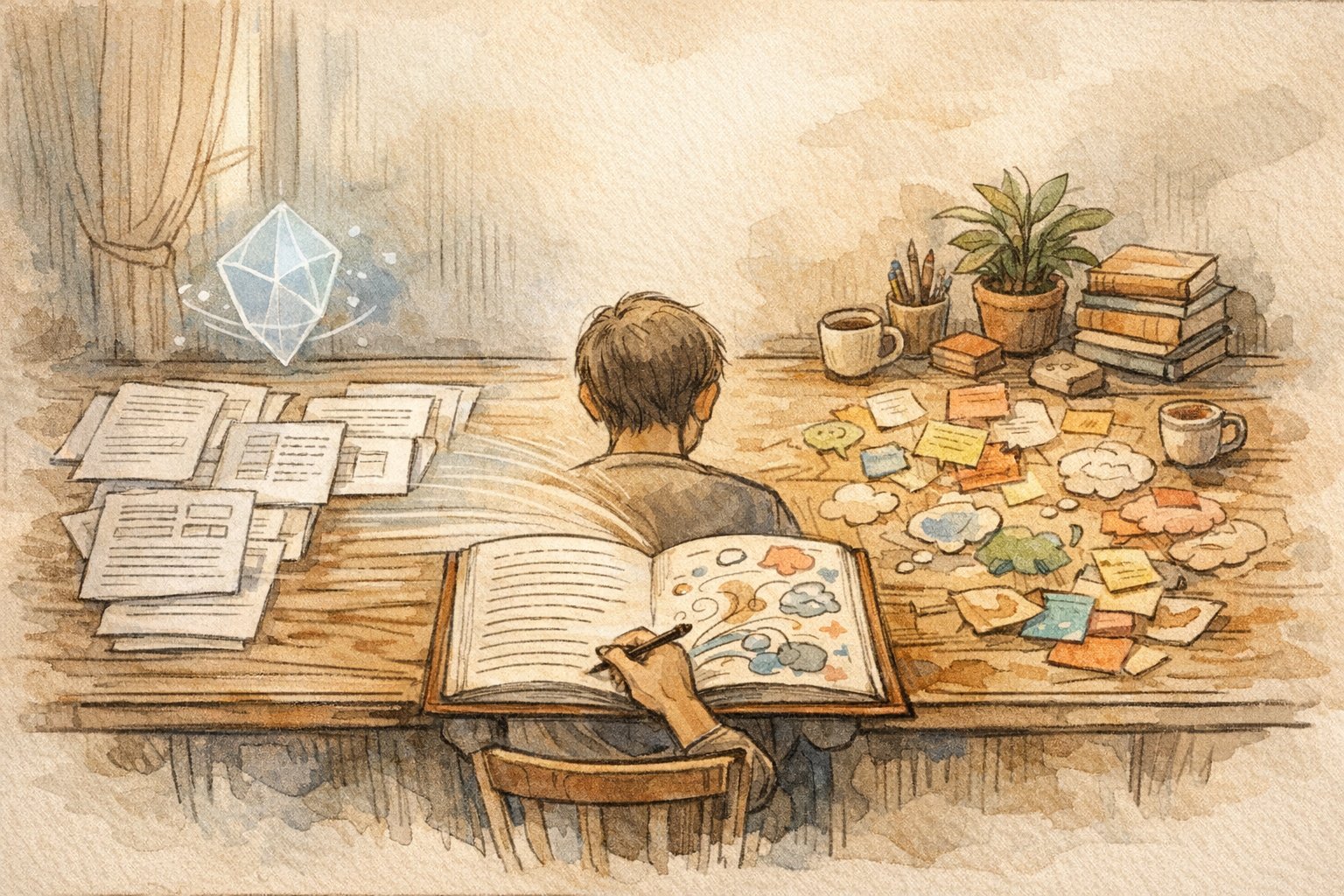 AIと人の文章がノートで溶け合う作業風景で描く、SEO ライターの将来性