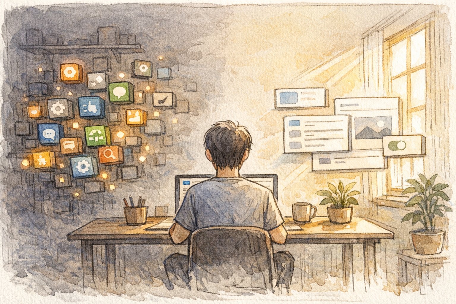 プラグインとテーマ数の違いでWP 管理画面 重い 原因を対比する手描きイラスト