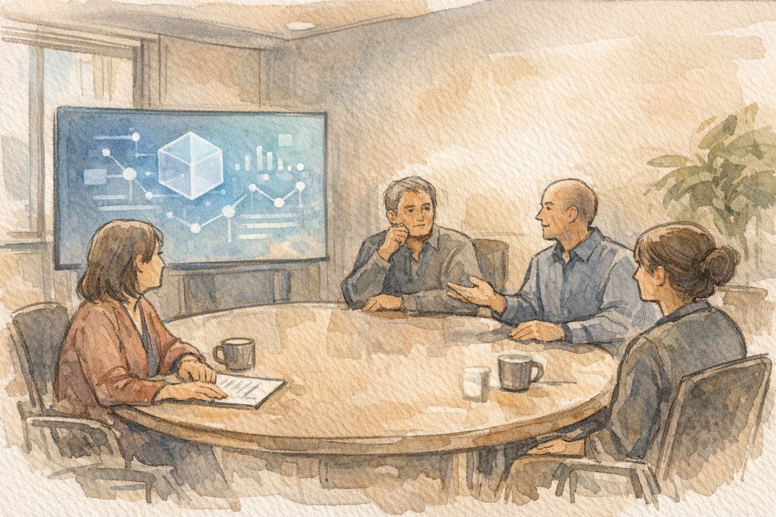 会議室で人間が中心となりAIツールを活用しつつAI 依存 の リスク と 対策を検討する場面
